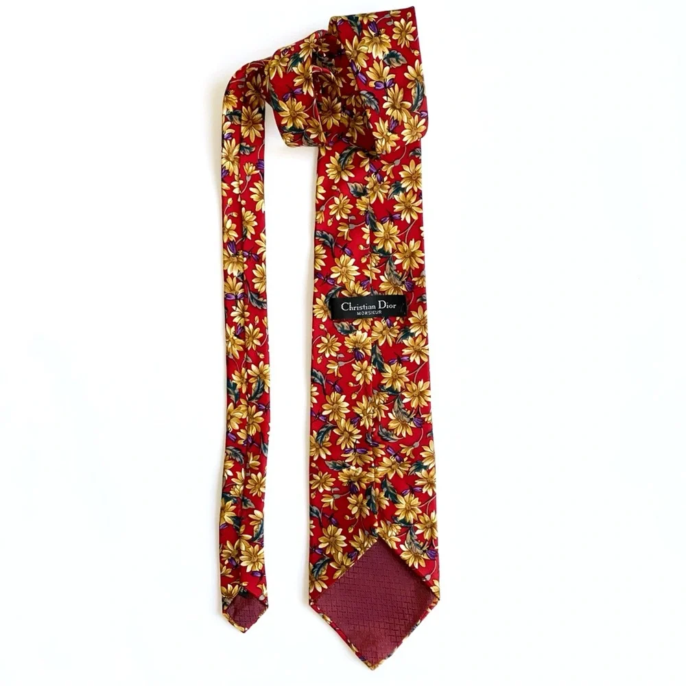 Christian Dior red golden yellow floral dragonfly print silk neck tie - Picture 3 of 5